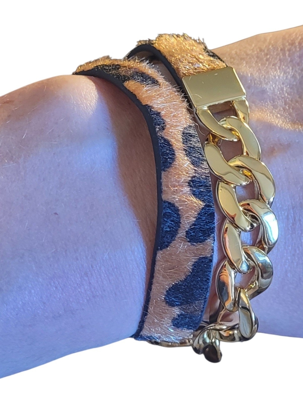 Gold Chain Accent Cheeta-motif Wrap Bracelet